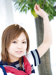 Runa Hamakawa Asian plays with her uniform skirt after classes