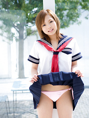 Runa Hamakawa Asian plays with her uniform skirt after classes